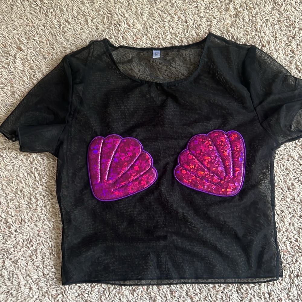 Black sheer top with metallic pink shells
